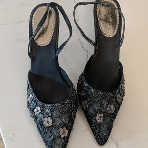 Blue flowered evening shoes